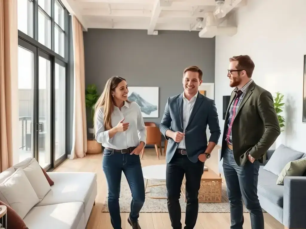 A friendly real estate agent showing a client a luxury apartment with modern interiors and city views.
